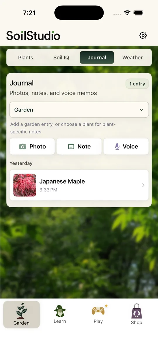 Journal screen with photos, notes, voice memo options, and a Japanese Maple entry.