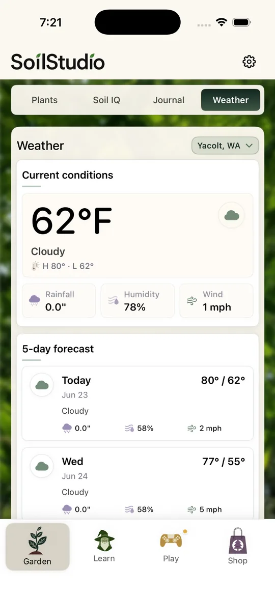 Weather screen with current conditions and five-day forecast.